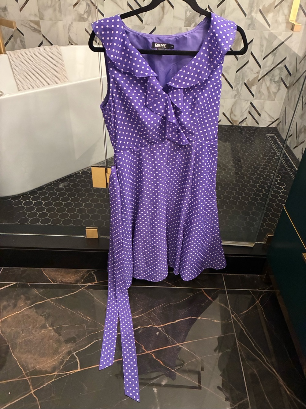DKNY Purple Polka Dot Ruffle short Dress with Tie Waist